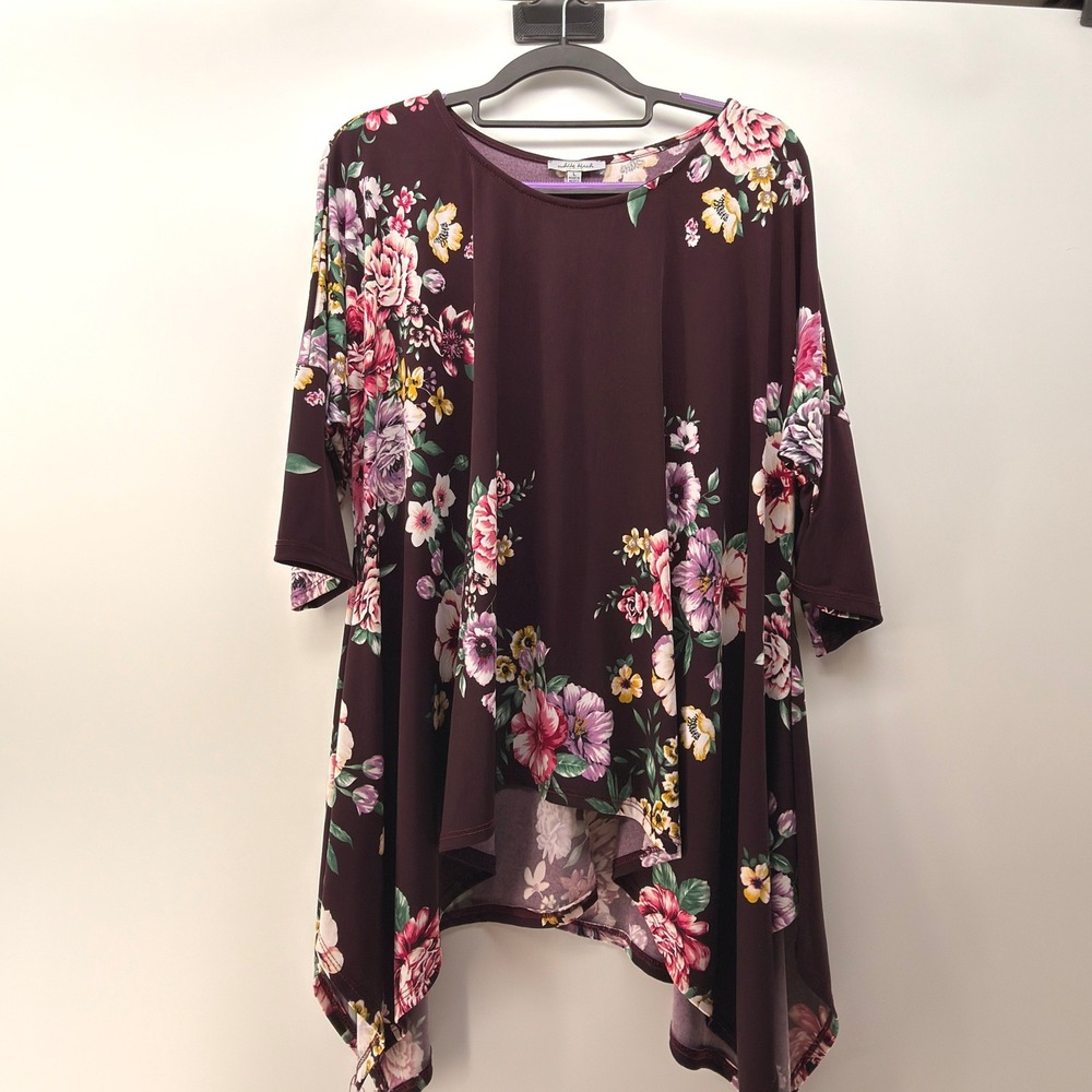 White Birch Tunic Women Large Burgundy Floral Sharkbite Hem 3/4 Sleeve Lagenlook